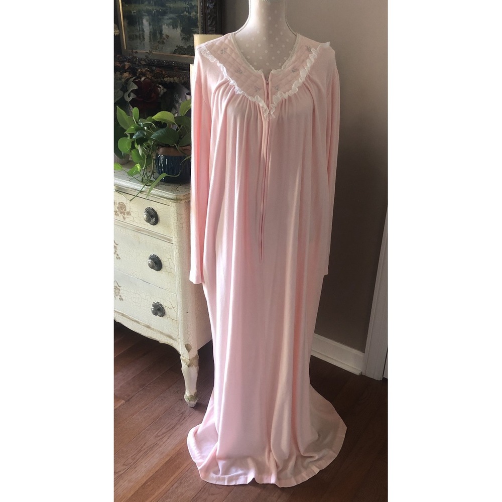 Vtg Fleece Robe 1/2 Zip Pink Embroidery & Lace Women's XL Merville Made in USA